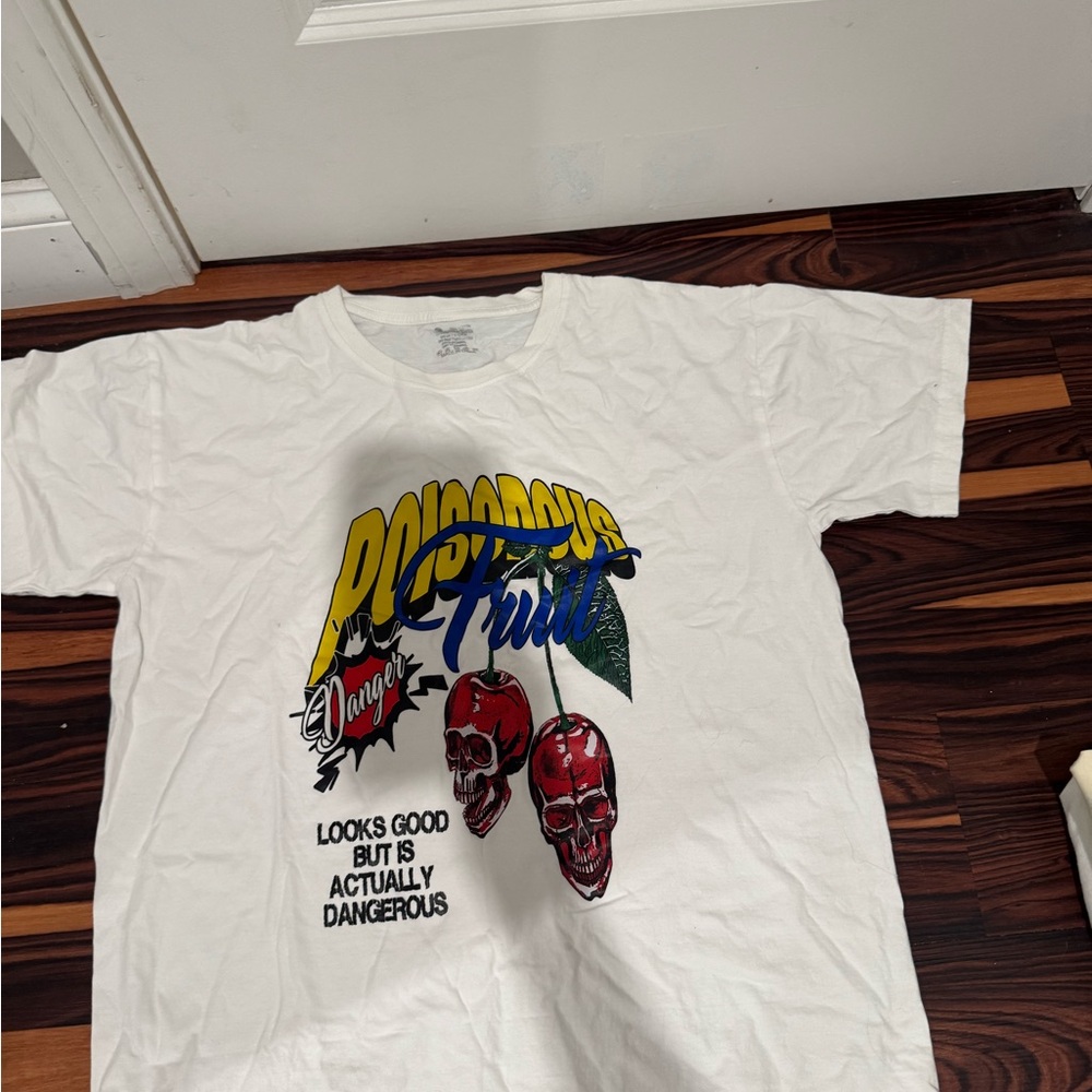 White Graphic T-Shirt with Skulls and Text